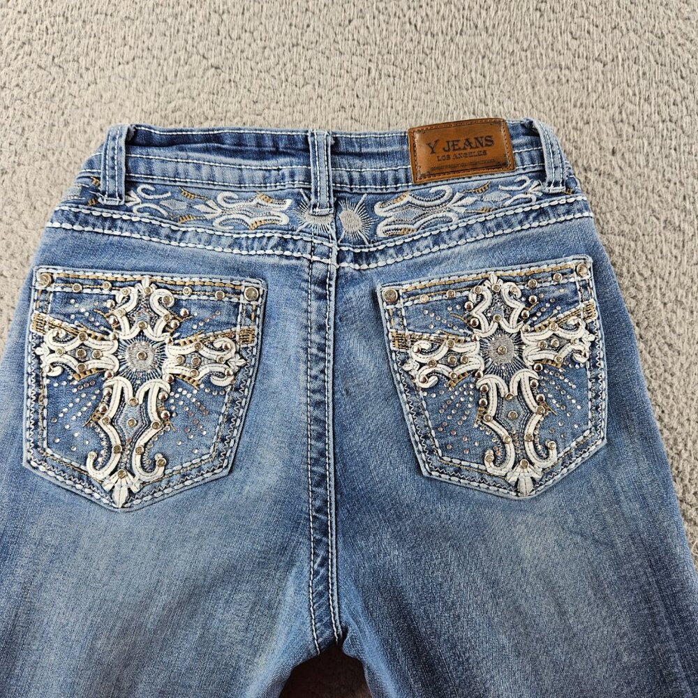 Y‎ Jeans Jeans Womens 8 Blue Bootcut Rhinestone Embroidered Pockets Denim Pants